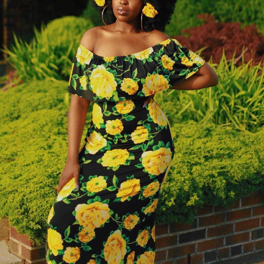 Yellow Floral Strapless Maxi Dress